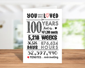 100th Birthday Card - 100 Years Loved - 100th Birthday Gift Ideas - 100th Birthday Decorations - Includes Card & Envelope by Katie Doodle