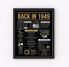 75th Birthday Centerpiece Sign (8x10") Black & Gold Back-in 1949 (Unframed)