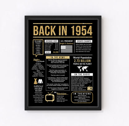 70th Birthday Centerpiece Sign (8x10") Black & Gold Back-in 1954 (Unframed)