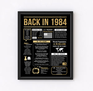 40th Birthday Centerpiece Sign (8x10") Black & Gold Back-in 1984 (Unframed)
