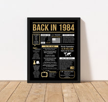 40th Birthday Centerpiece Sign (8x10") Black & Gold Back-in 1984 (Unframed)
