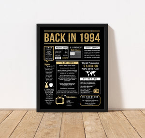 30th Birthday Centerpiece Sign (8x10") Black & Gold Back-in 1994 (Unframed)