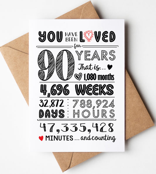 90th Birthday Card (90 Years Loved) with Envelope