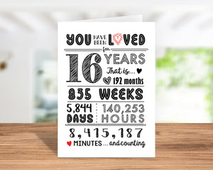 16th Birthday Card (5x7 inch) with Envelope