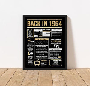 60th Birthday Centerpiece Sign (8x10") Black & Gold Back-in 1964 (Unframed)