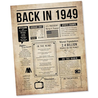 75th Birthday Centerpiece Sign (8x10") Vintage Back-in 1949 (Unframed)