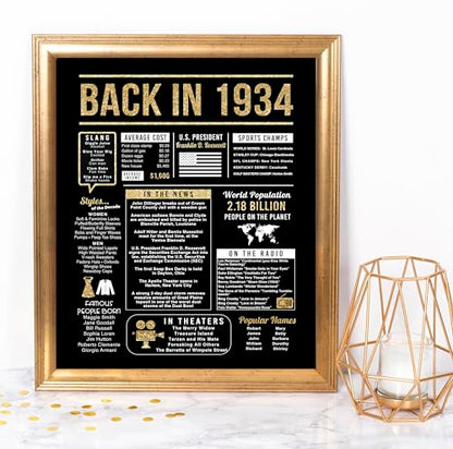 90th Birthday Centerpiece Sign (8x10") Black & Gold Back-in 1934 (Unframed)