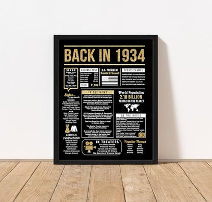 90th Birthday Centerpiece Sign (8x10") Black & Gold Back-in 1934 (Unframed)