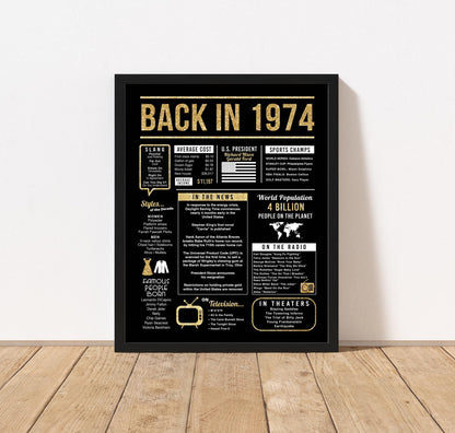 50th Birthday Centerpiece Sign (8x10") Black & Gold Back-in 1974 (Unframed)