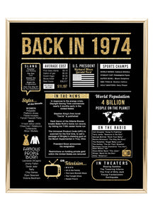 50th Birthday Centerpiece Sign (8x10") Black & Gold Back-in 1974 (Unframed)